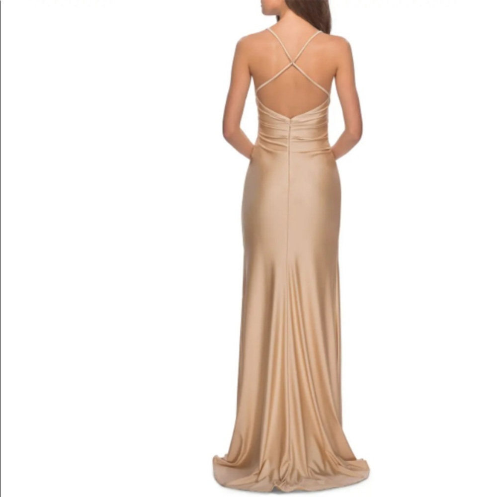 La Femme Cross Back Satin Jersey Trumpet Strappy Back Maxi Dress 4 Nude Beige - Picture 3 of 12